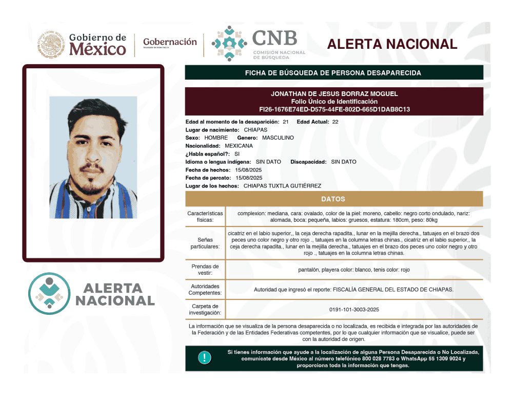 Persona desaparecida Jonathan de Jesús Borraz Moguel