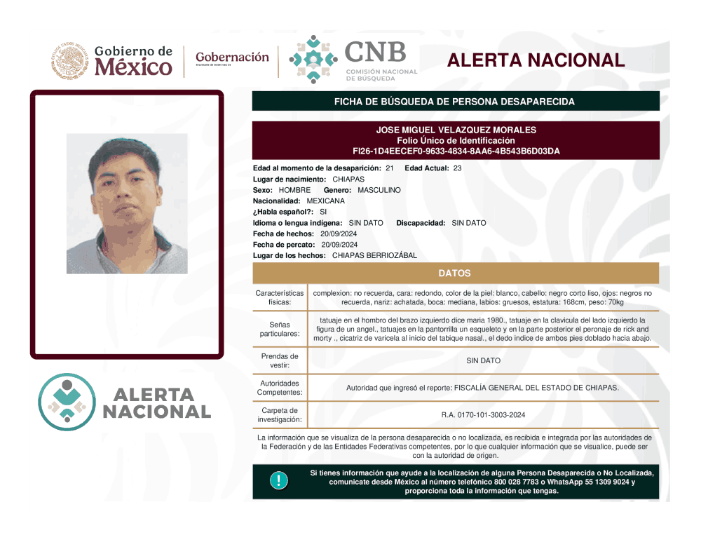 Persona desaparecida José Miguel Velázquez Morales