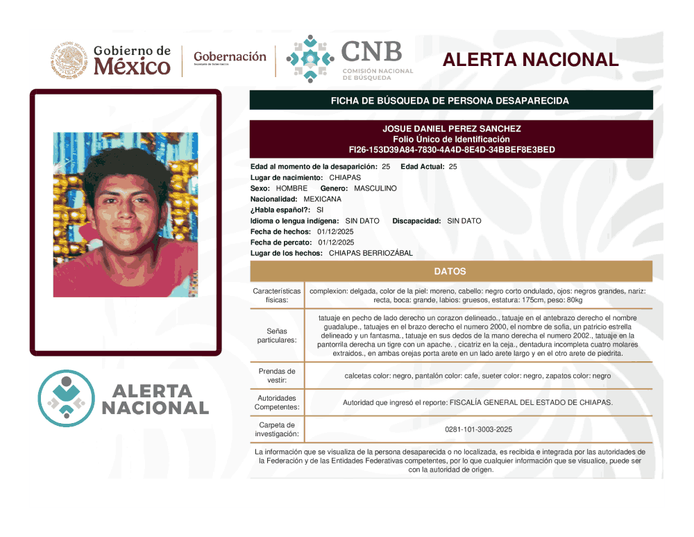 Persona desaparecida Josue Daniel Pérez Sánchez