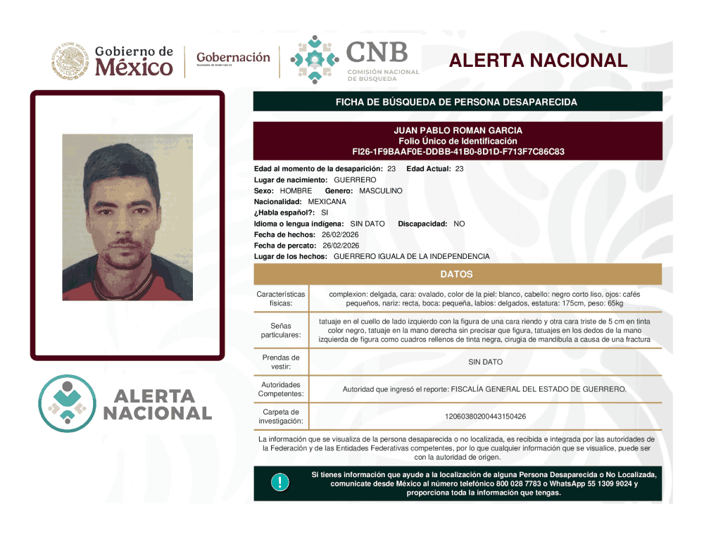 Persona desaparecida Juan Pablo Roman García