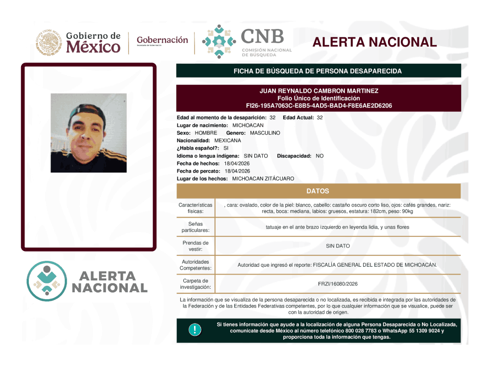 Persona desaparecida Juan Reynaldo Cambron Martínez