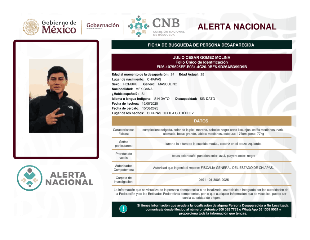 Persona desaparecida Julio César Gómez Molina