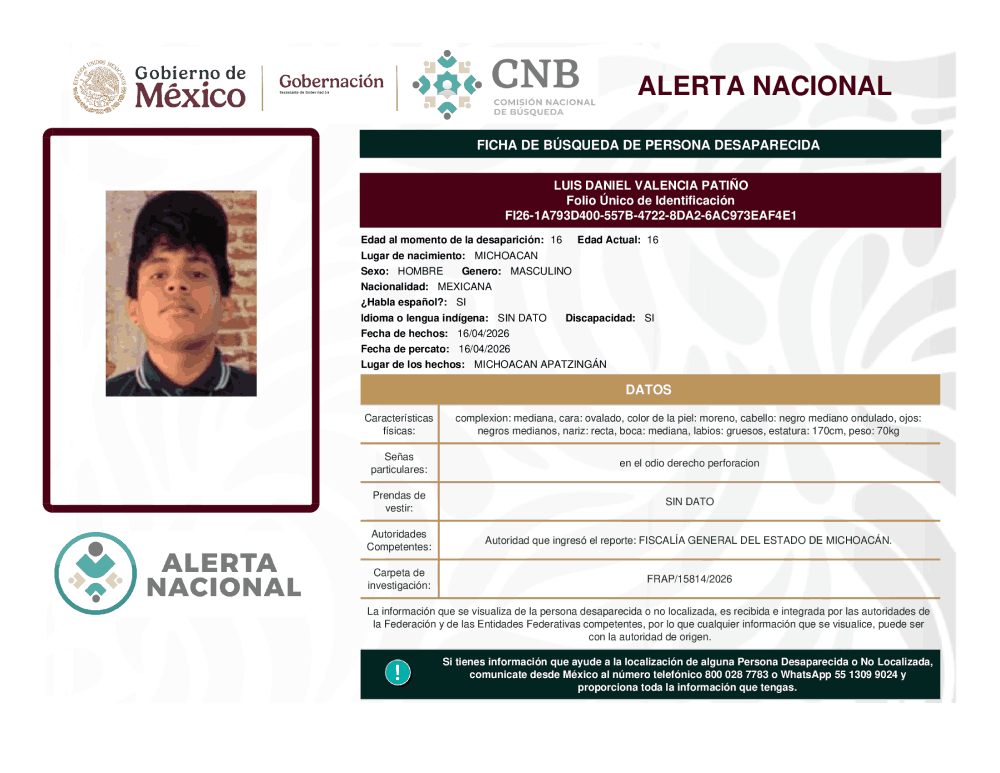 Persona desaparecida Luis Daniel Valencia Patino