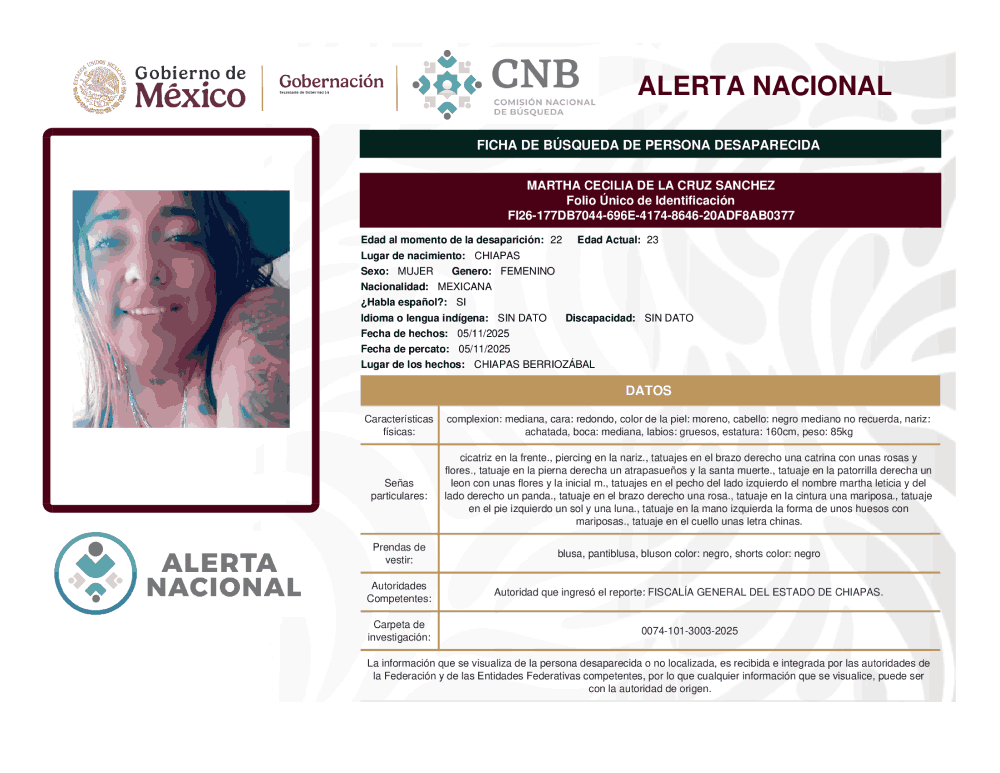 Persona desaparecida Martha Cecilia de la Cruz Sánchez
