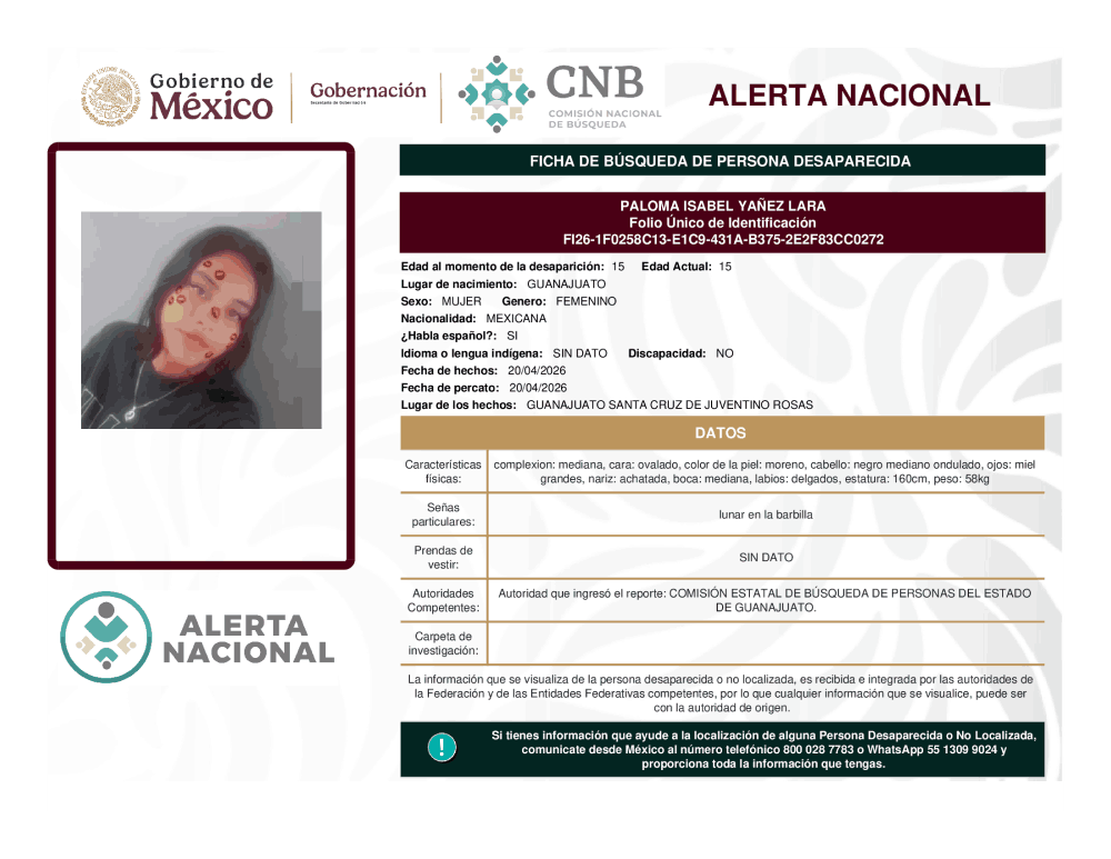 Persona desaparecida Paloma Isabel Yañez Lara
