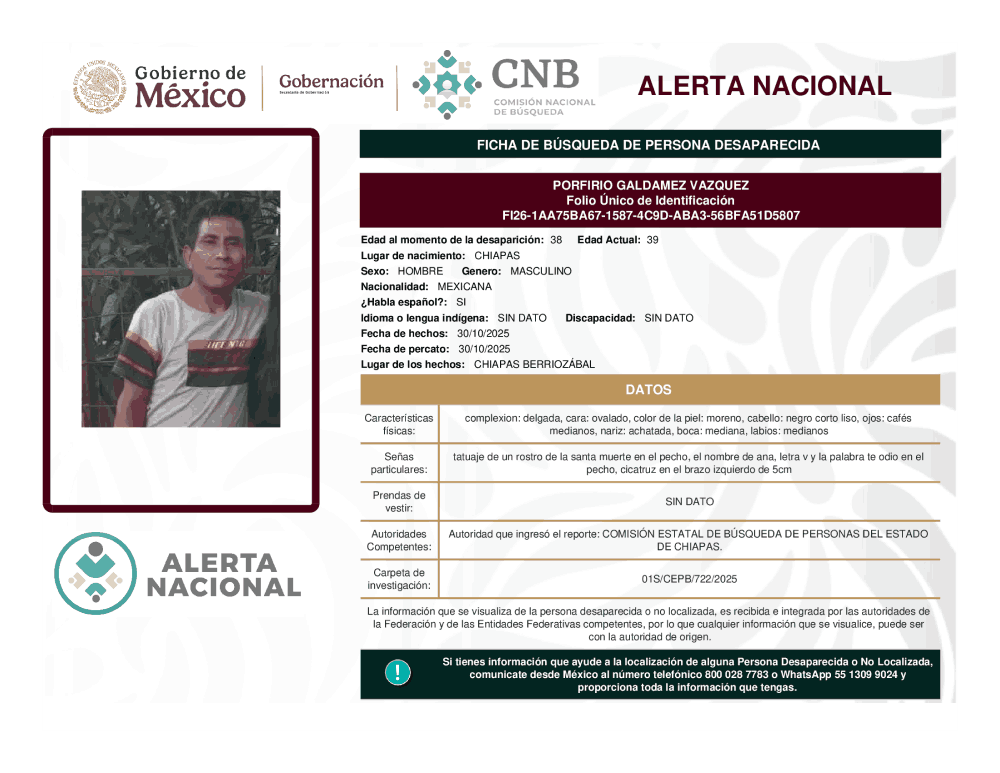 Persona desaparecida Porfirio Galdamez Vázquez