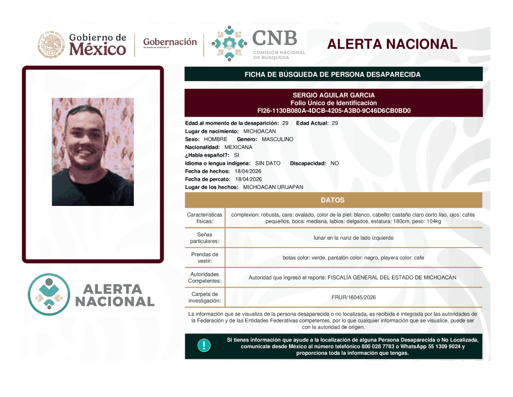 Persona desaparecida Sergio Aguilar García