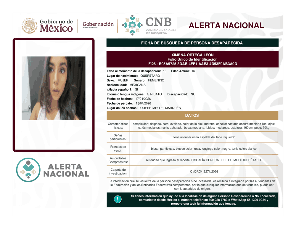 Persona desaparecida Ximena Ortega León