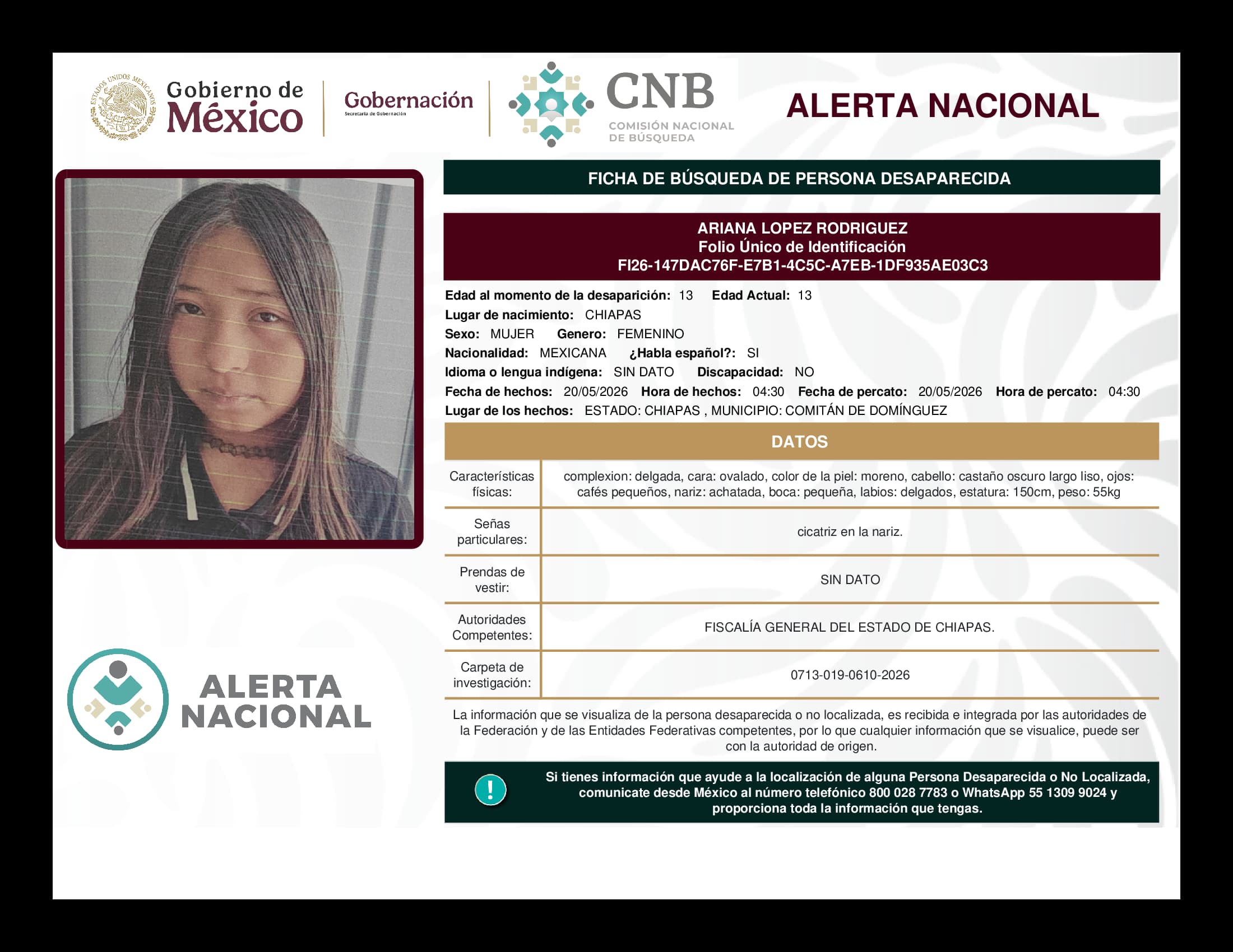 Persona desaparecida Ariana Lopez Rodriguez