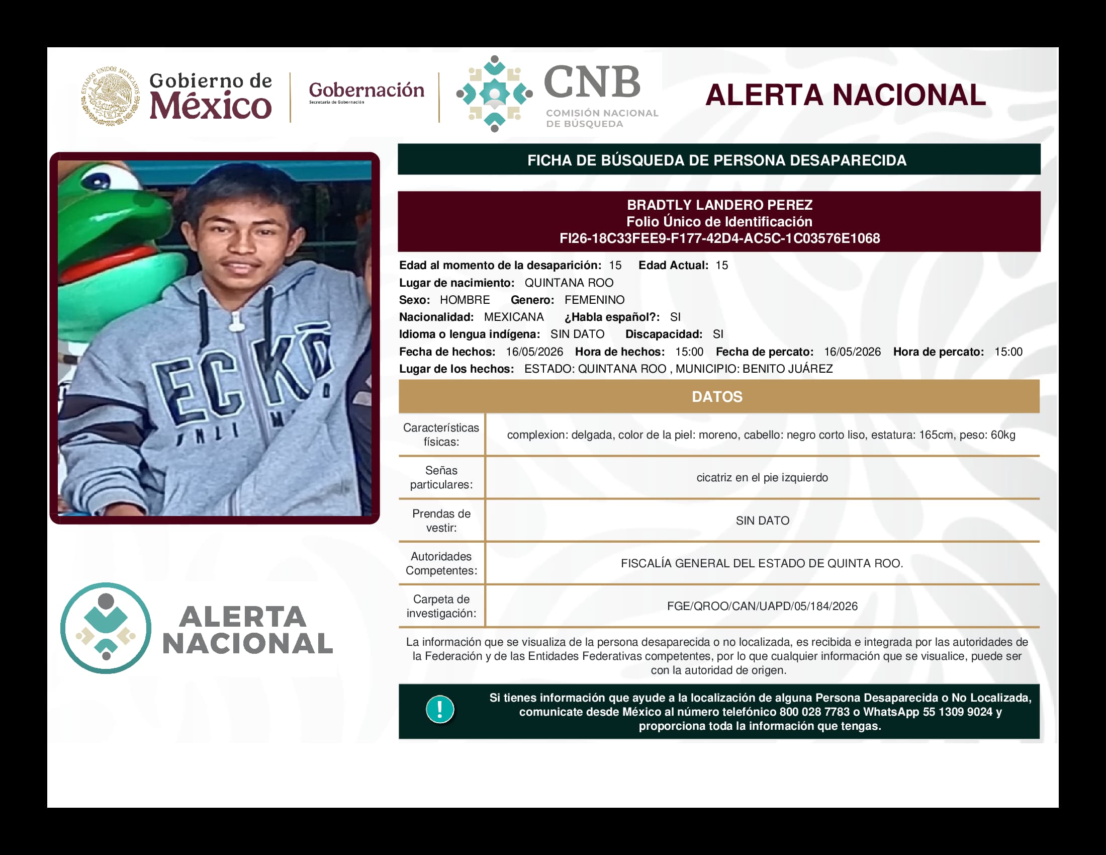 Persona desaparecida Bradtly Landero Perez