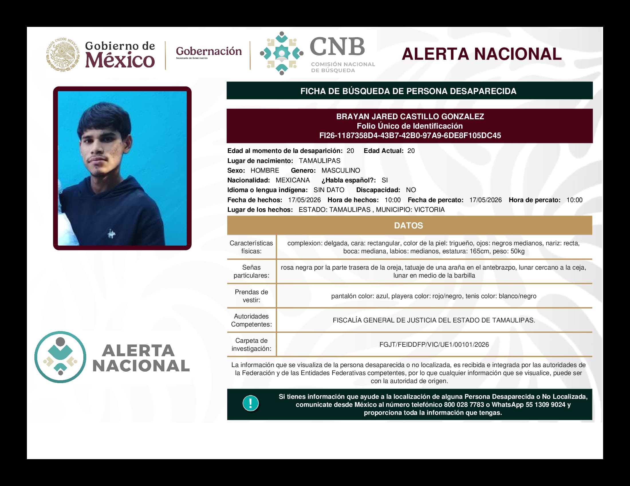 Persona desaparecida Brayan Jared Castillo Gonzalez