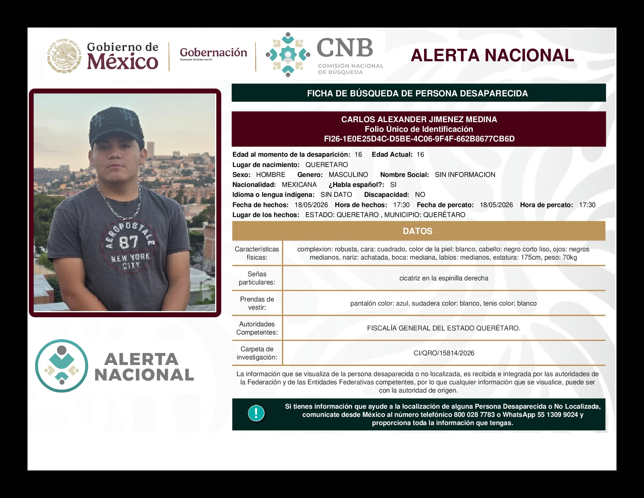 Persona desaparecida Carlos Alexander Jimenez Medina
