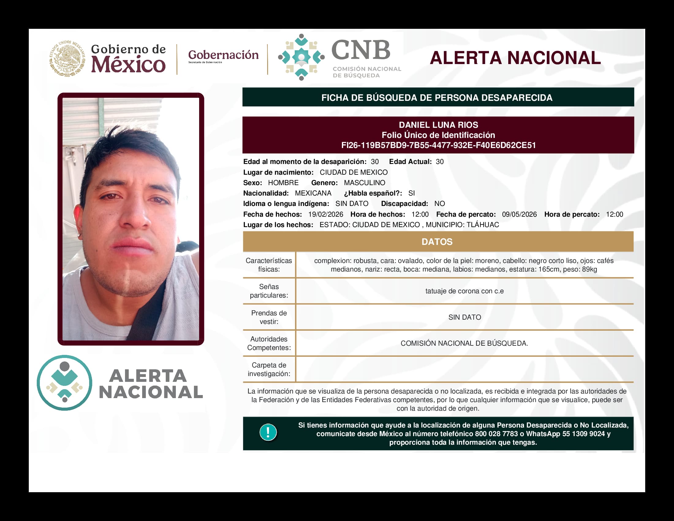 Persona desaparecida Daniel Luna Rios