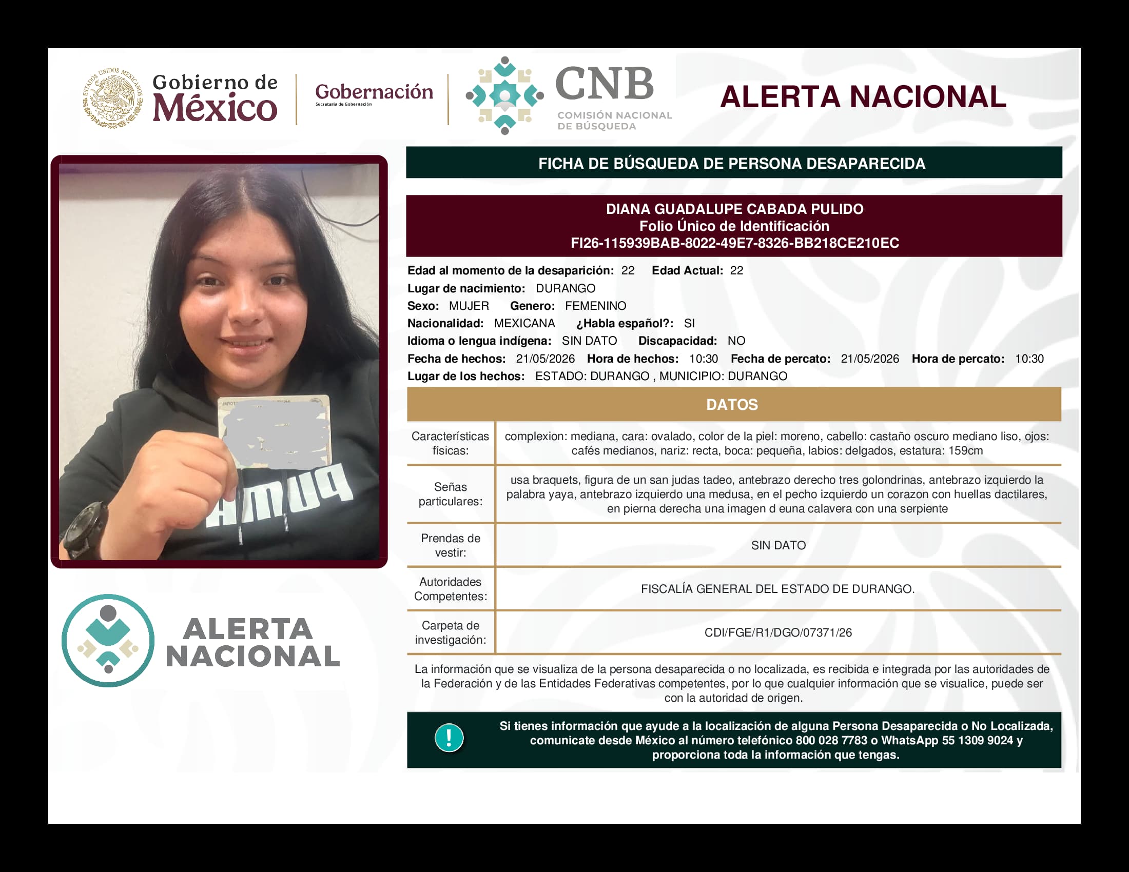Persona desaparecida Diana Guadalupe Cabada Pulido