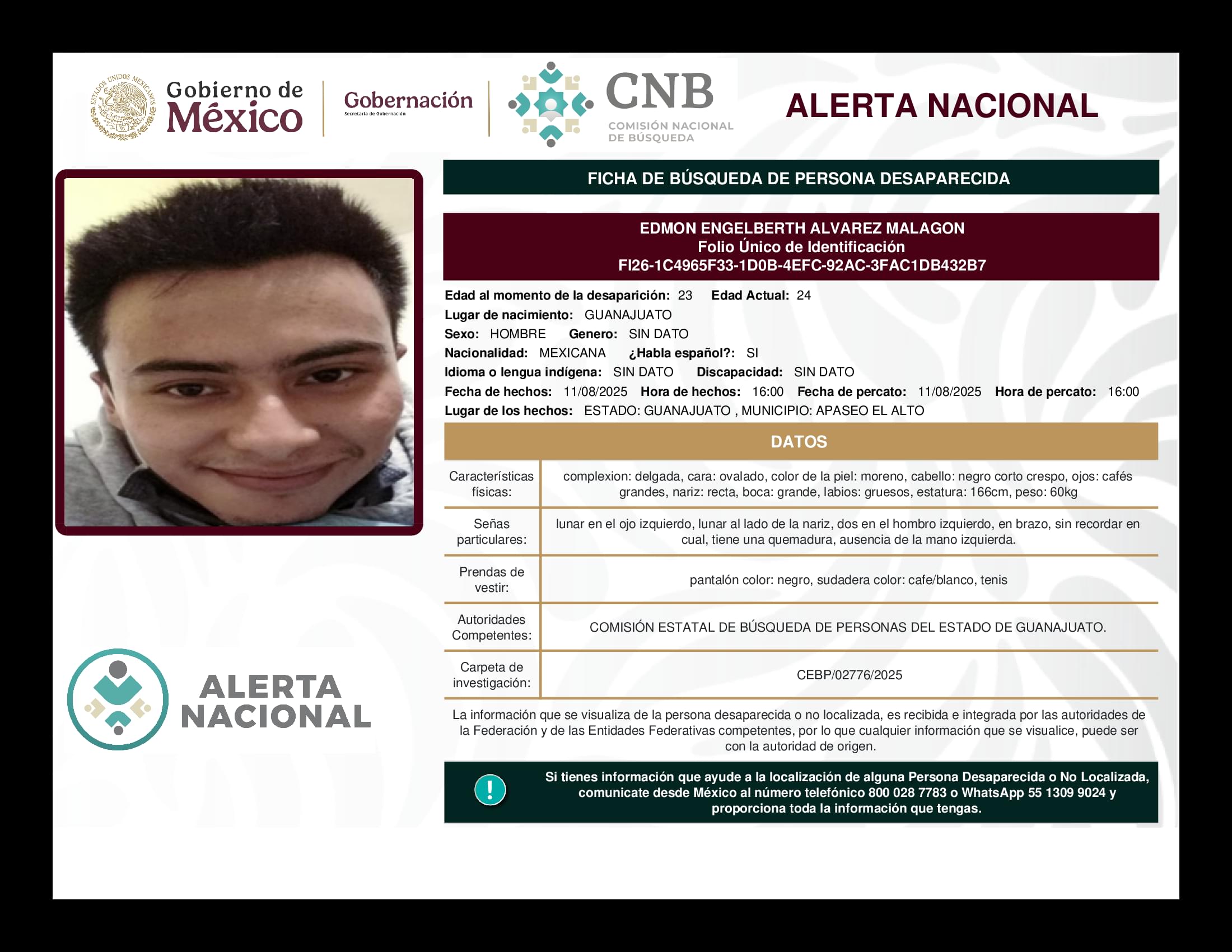 Persona desaparecida Edmon Engelberth Alvarez Malagon