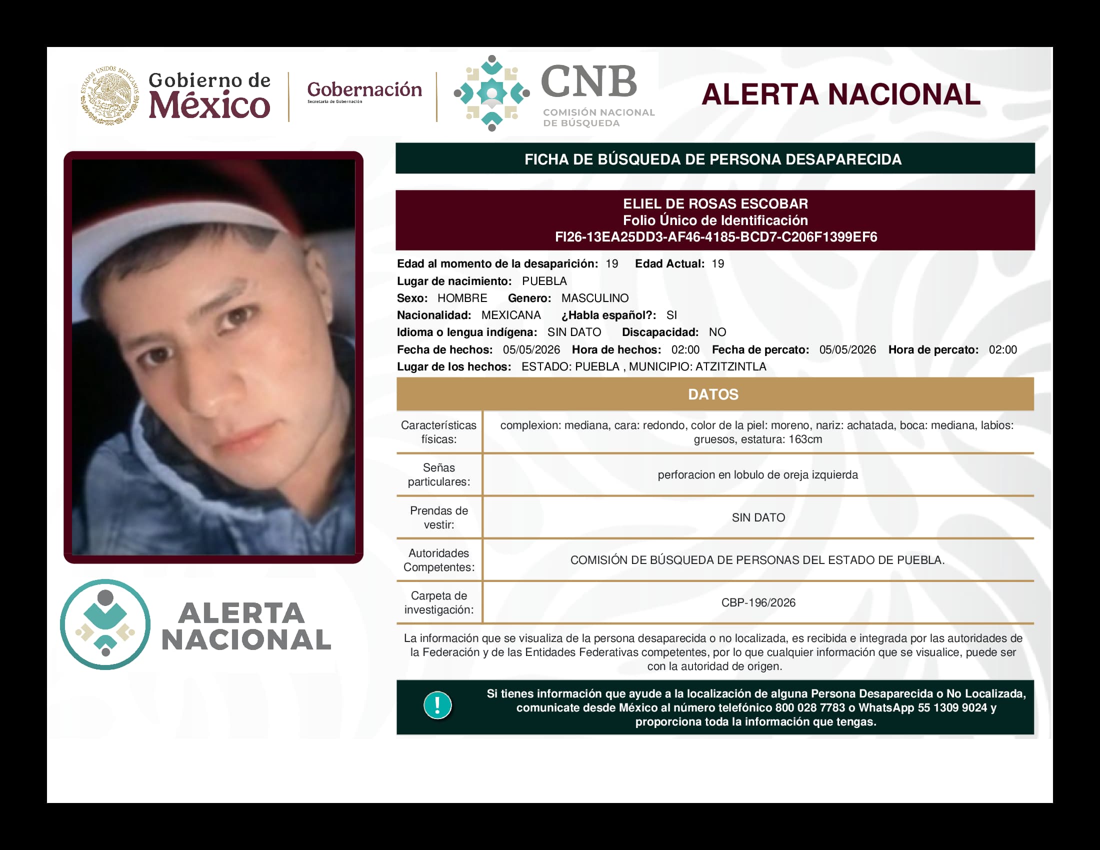Persona desaparecida Eliel De Rosas Escobar