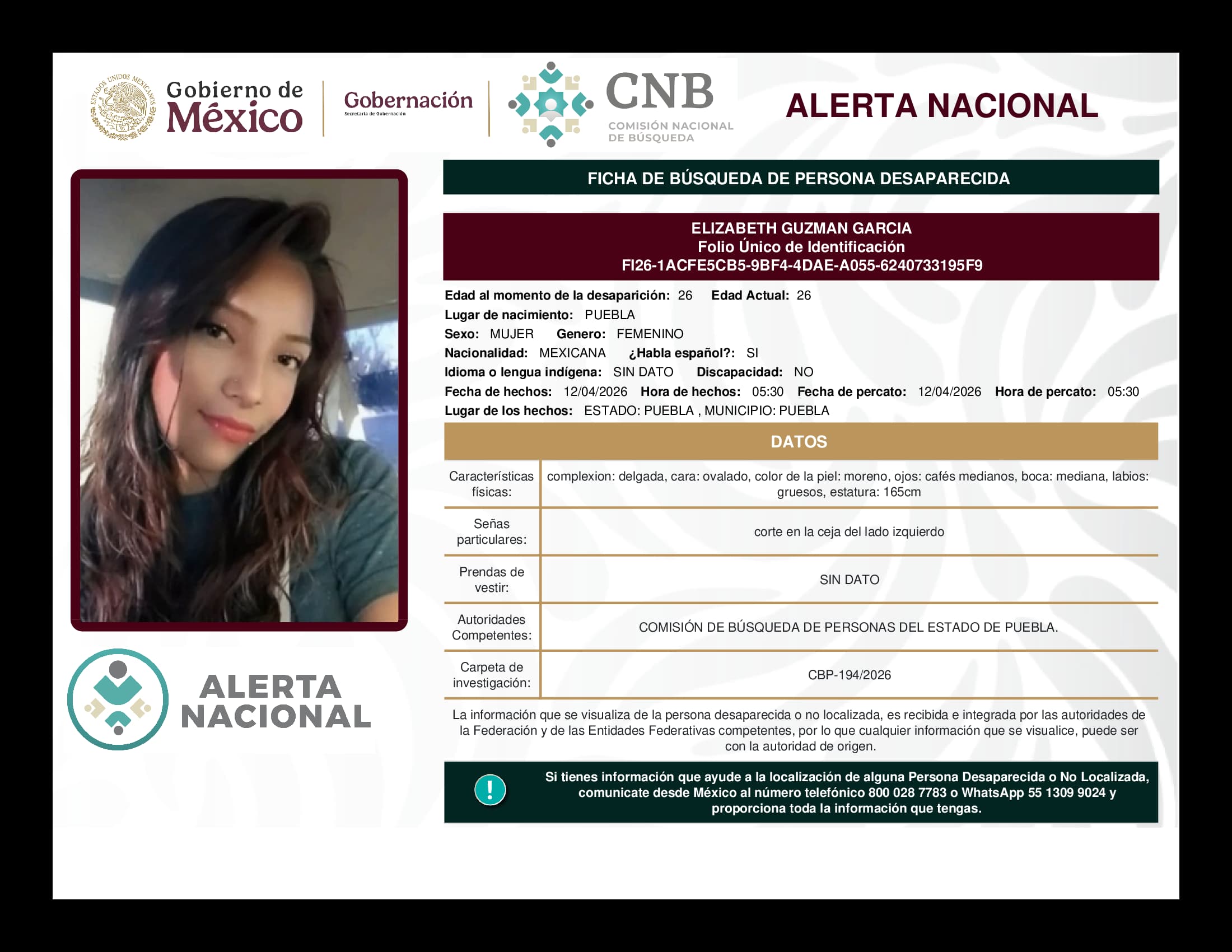 Persona desaparecida Elizabeth Guzman Garcia