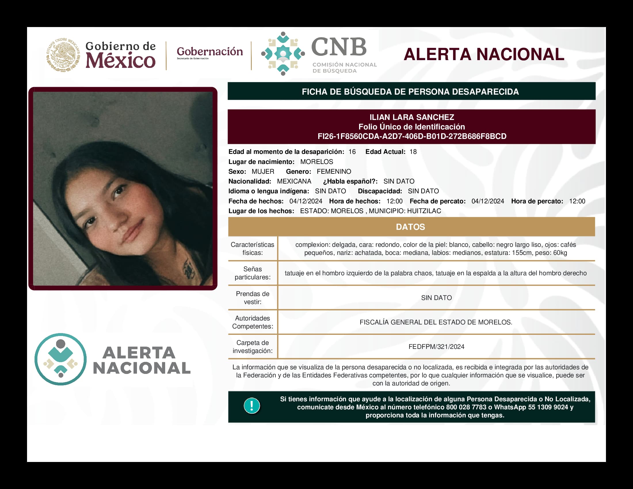 Persona desaparecida Ilian Lara Sanchez