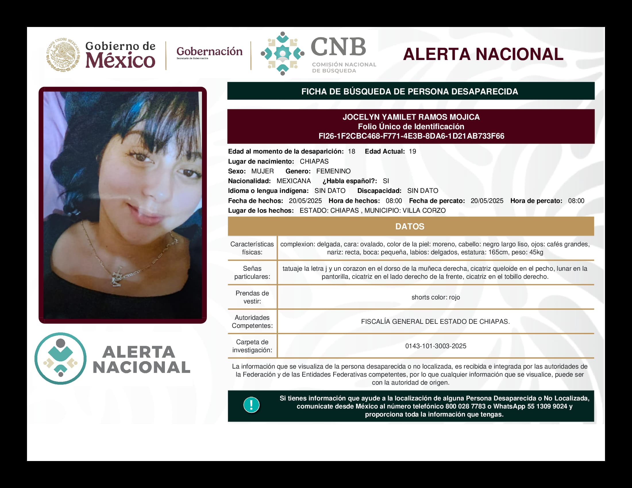 Persona desaparecida Jocelyn Yamilet Ramos Mojica