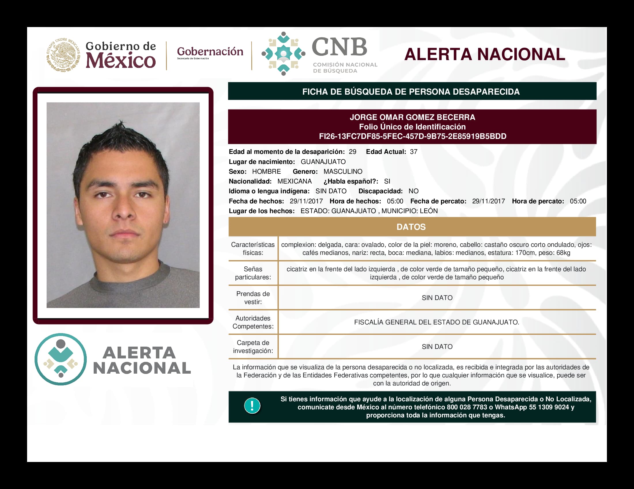 Persona desaparecida Jorge Omar Gomez Becerra