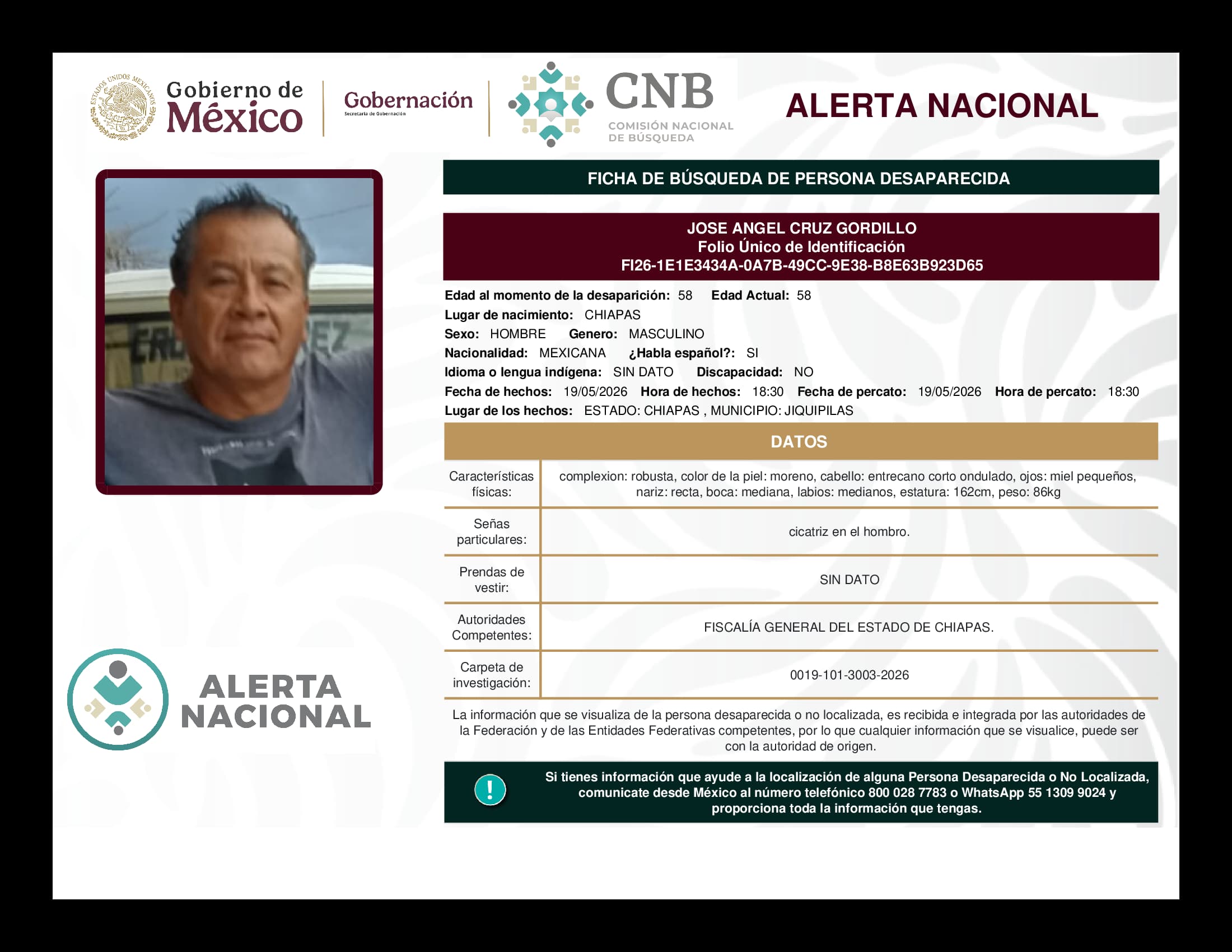 Persona desaparecida Jose Angel Cruz Gordillo