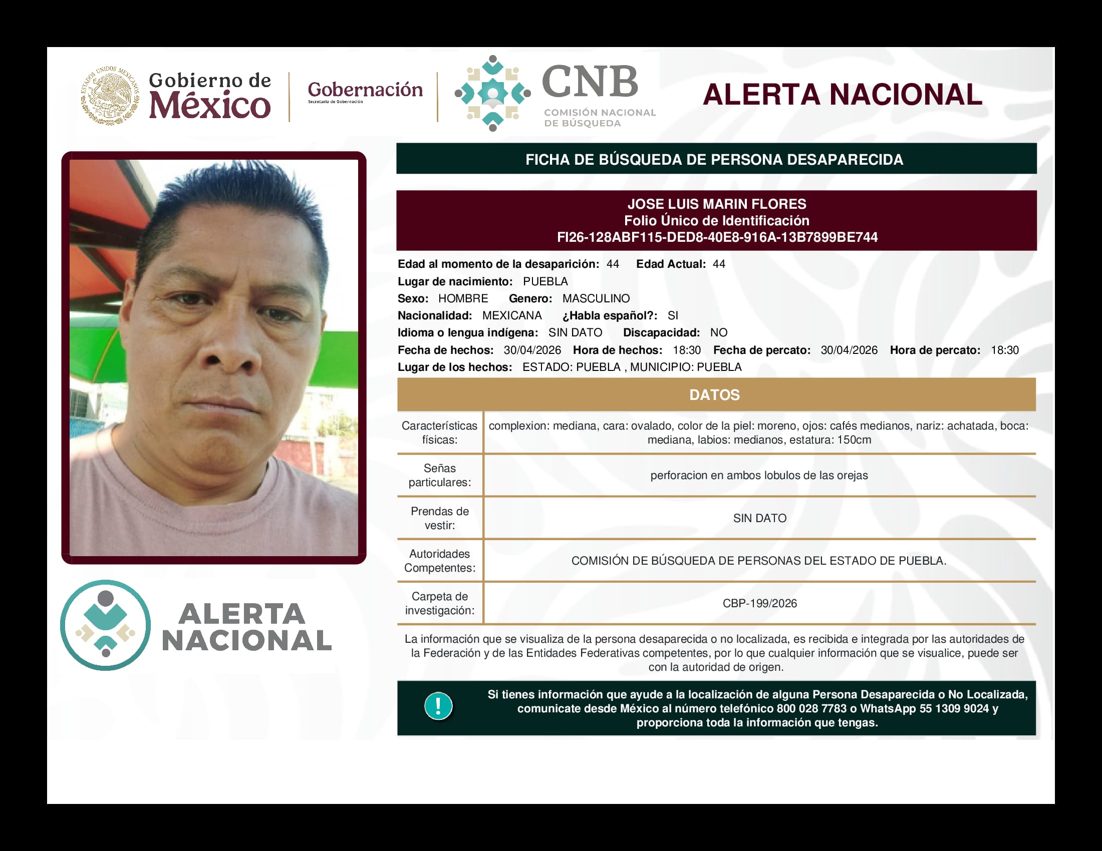 Persona desaparecida Jose Luis Marin Flores