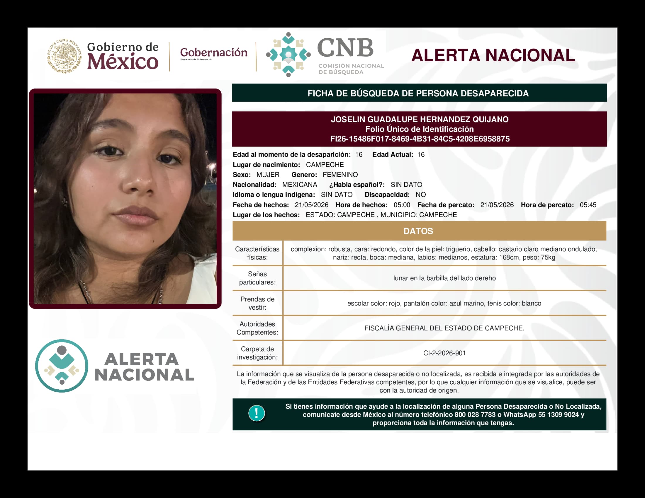 Persona desaparecida Joselin Guadalupe Hernandez Quijano