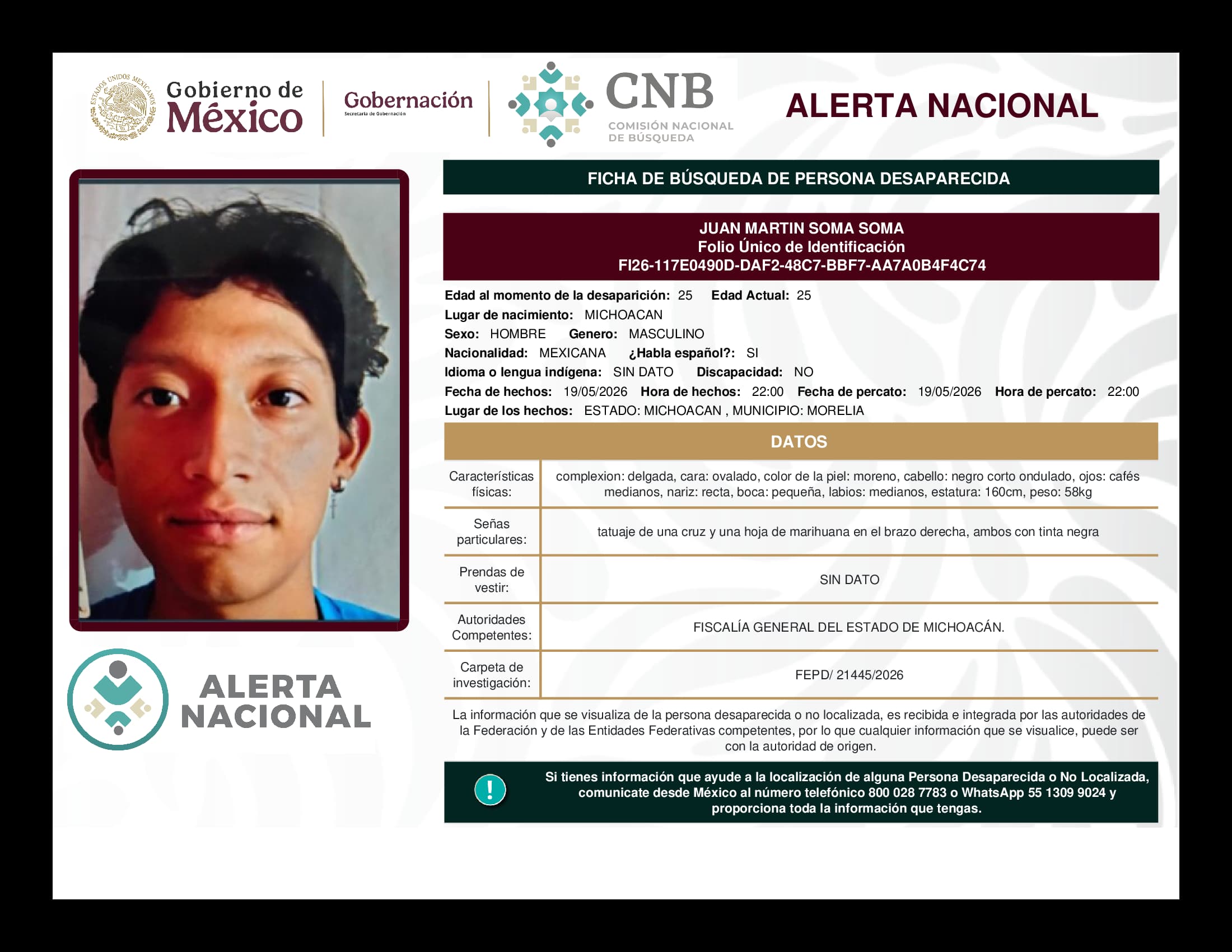 Persona desaparecida Juan Martin Soma Soma