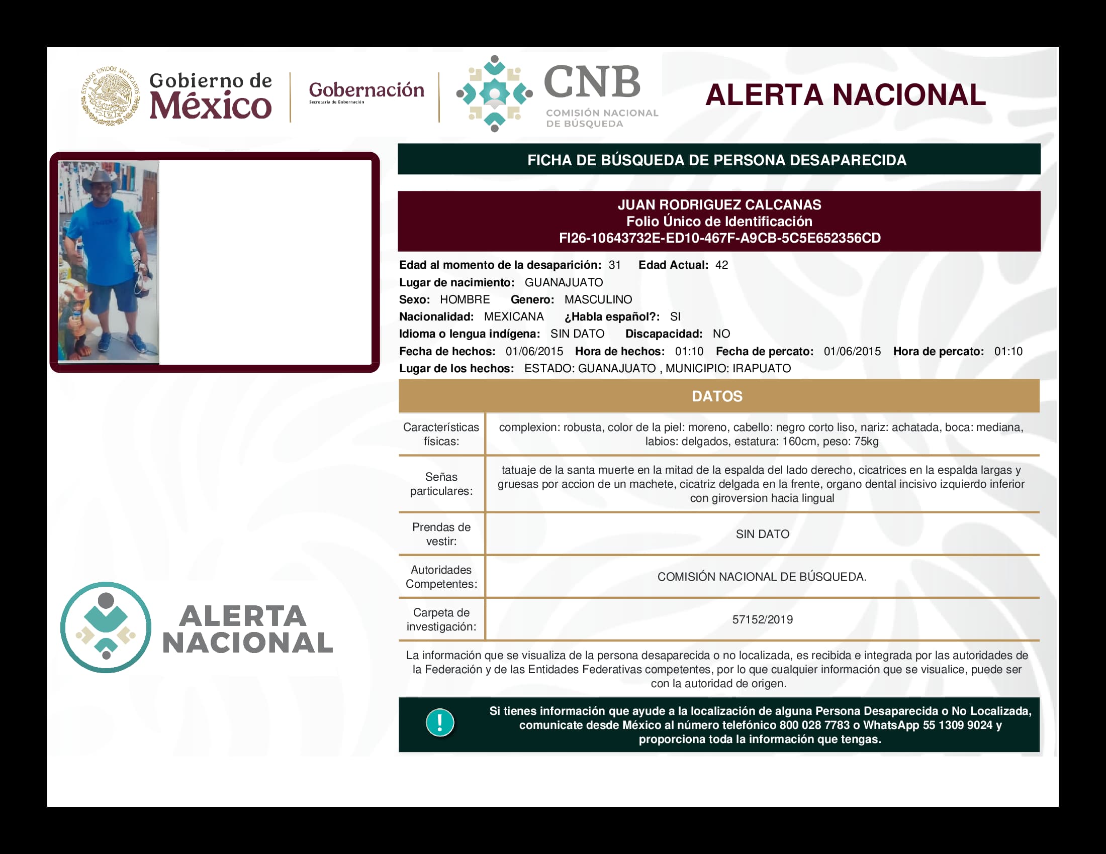 Persona desaparecida Juan Rodriguez Calcanas