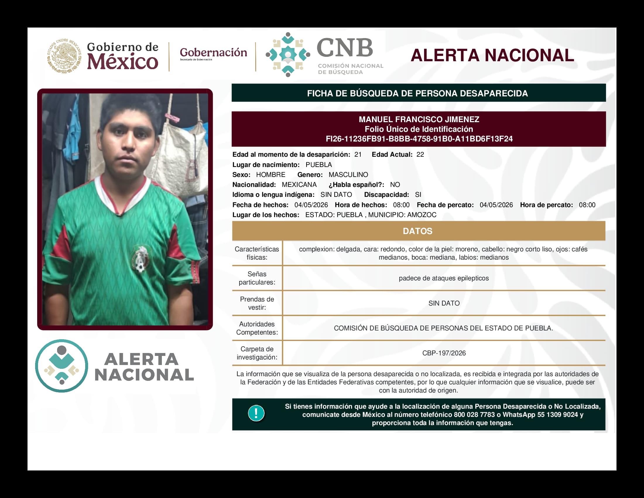 Persona desaparecida Manuel Francisco Jimenez