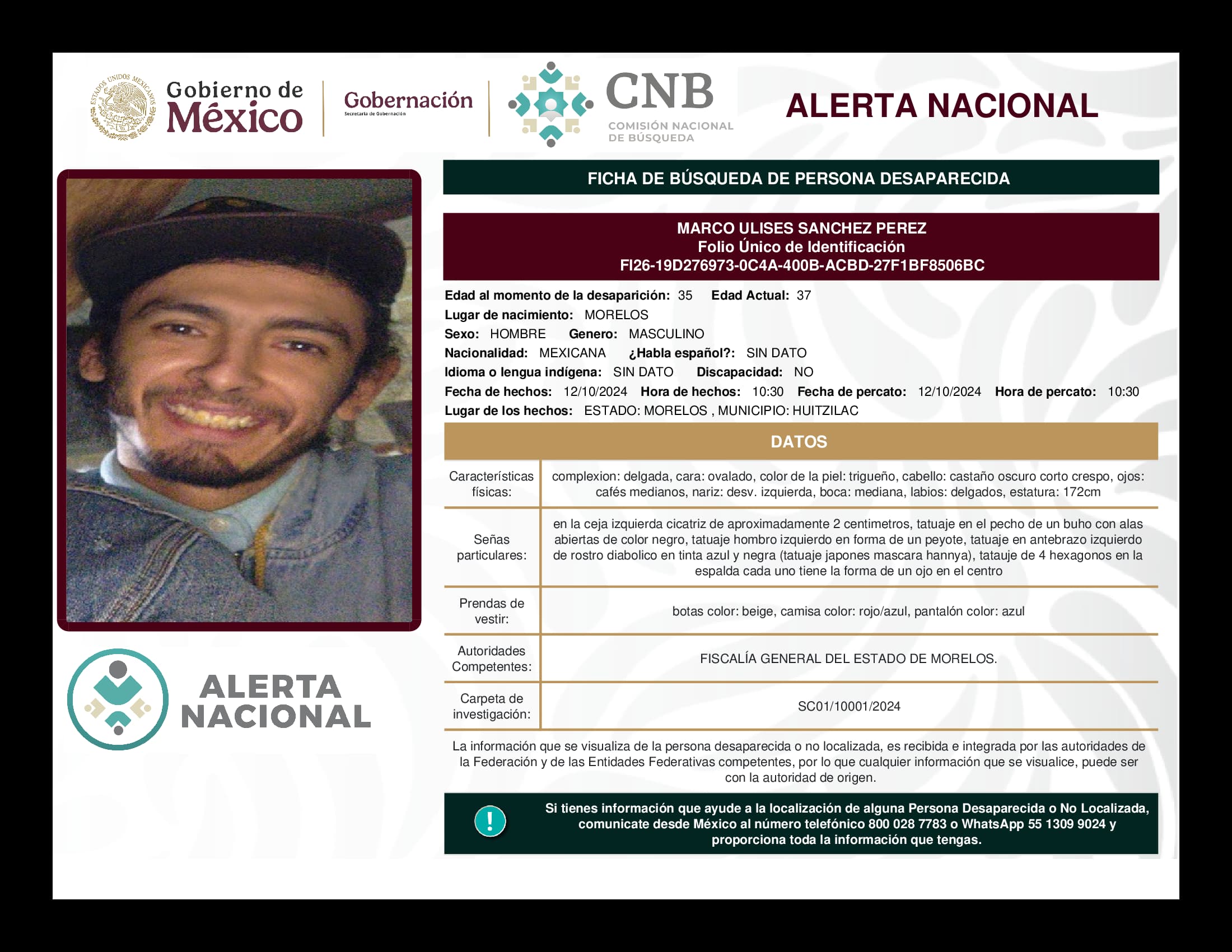 Persona desaparecida Marco Ulises Sanchez Perez