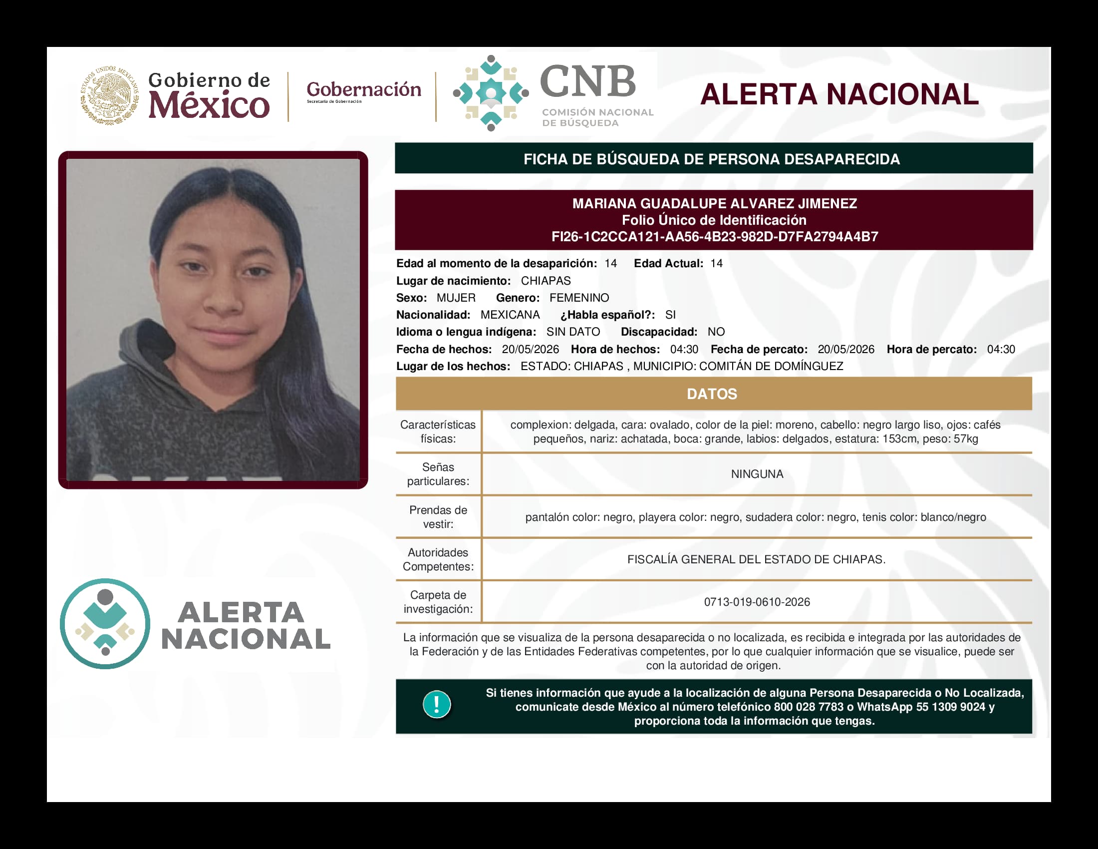 Persona desaparecida Mariana Guadalupe Alvarez Jimenez