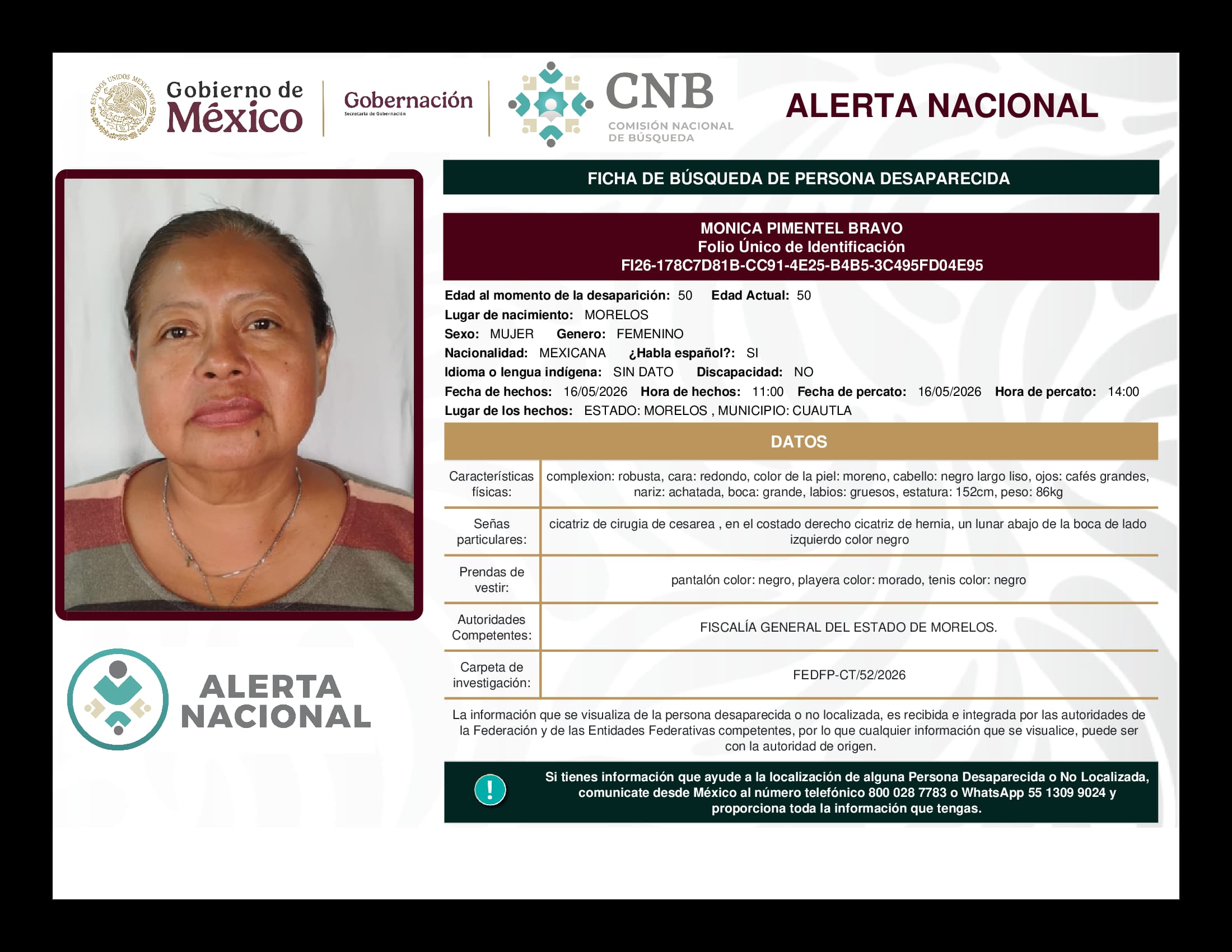 Persona desaparecida Monica Pimentel Bravo