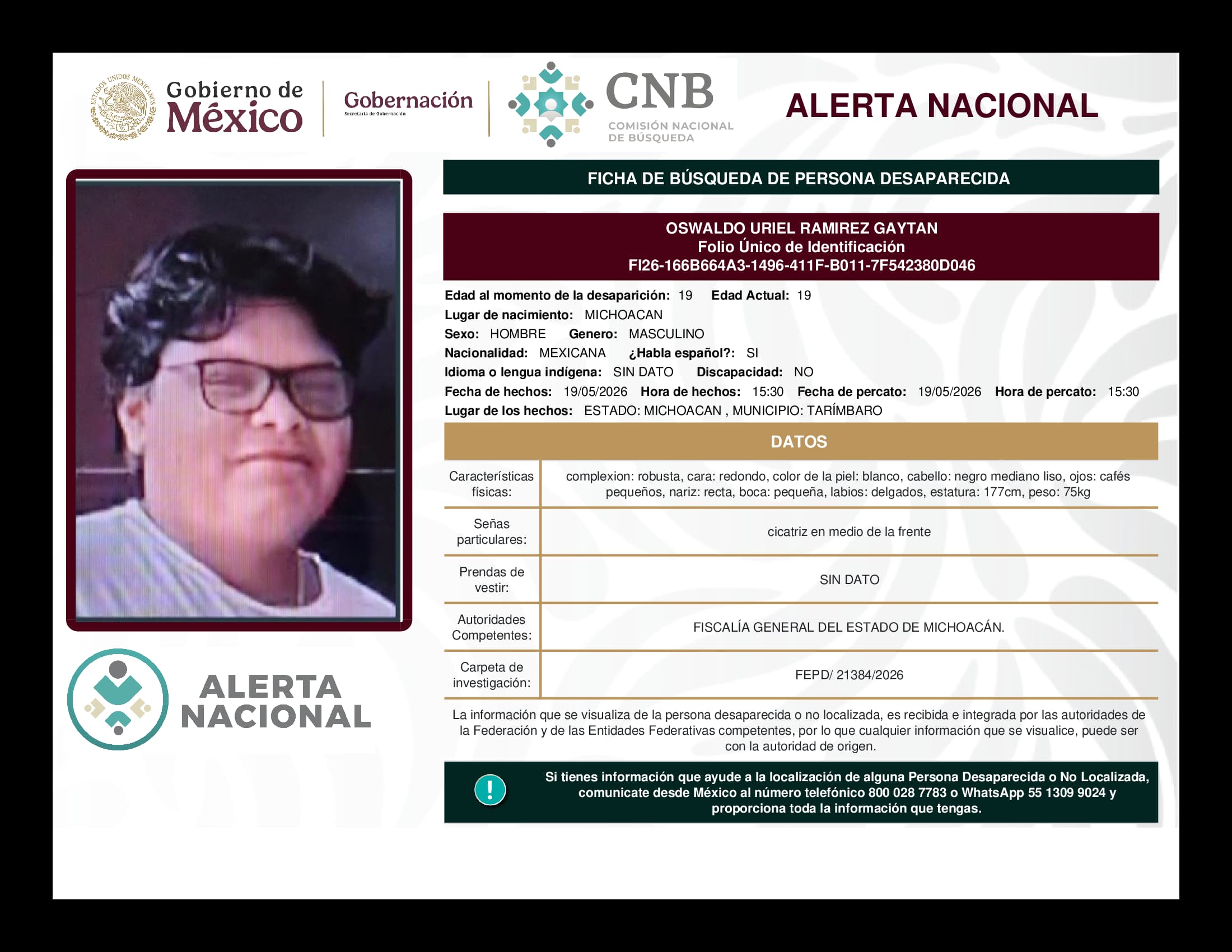 Persona desaparecida Oswaldo Uriel Ramirez Gaytan