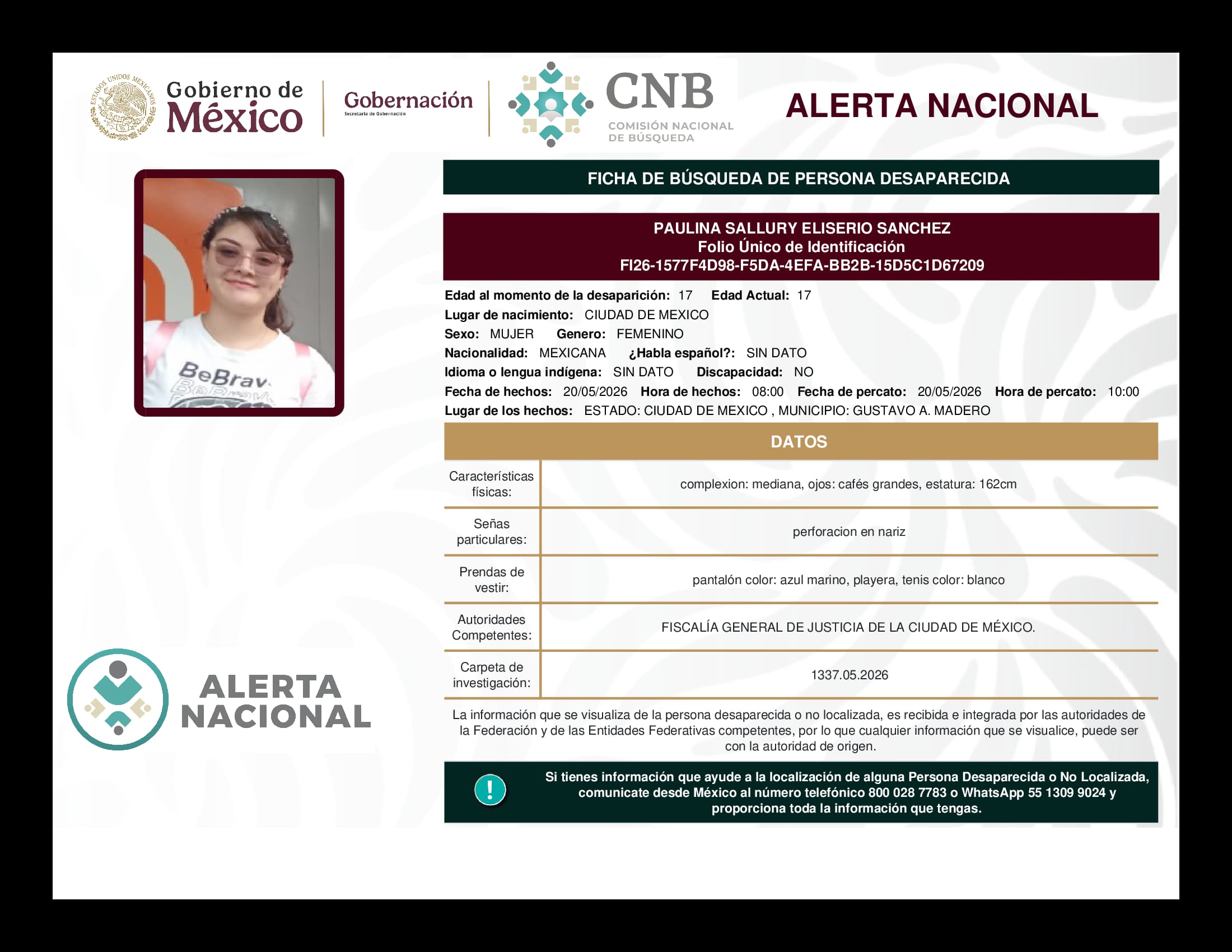 Persona desaparecida Paulina Sallury Eliserio Sanchez