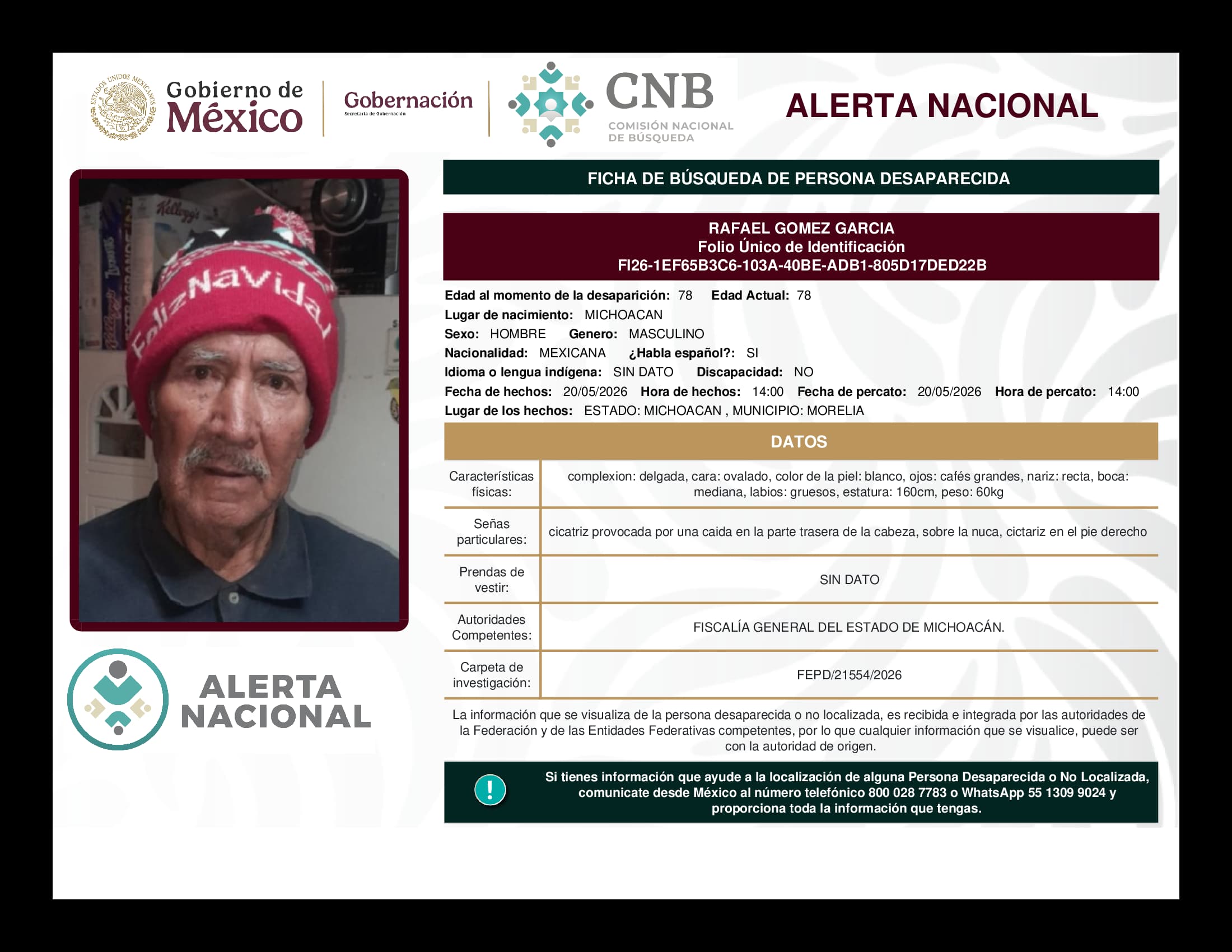 Persona desaparecida Rafael Gomez Garcia