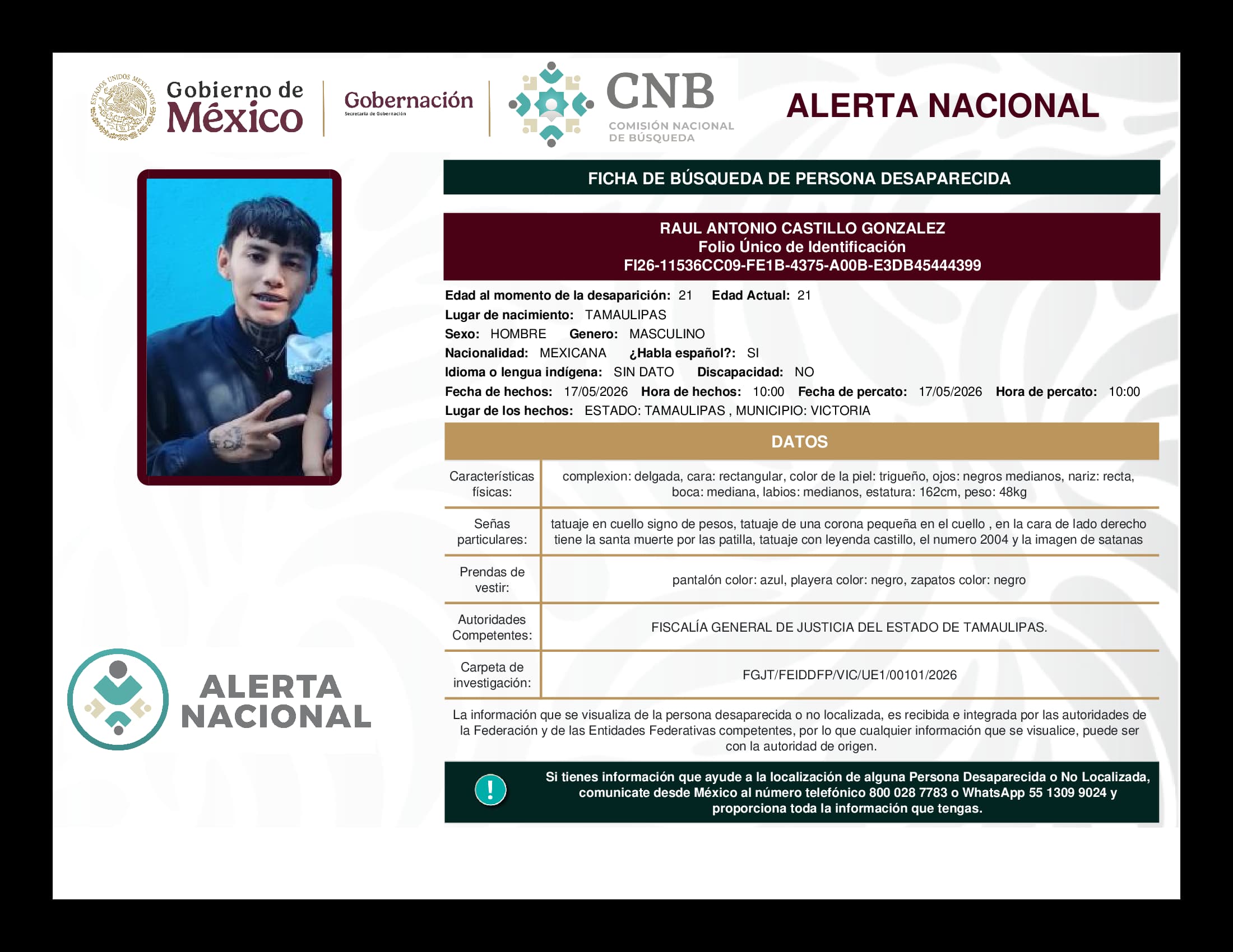 Persona desaparecida Raul Antonio Castillo Gonzalez