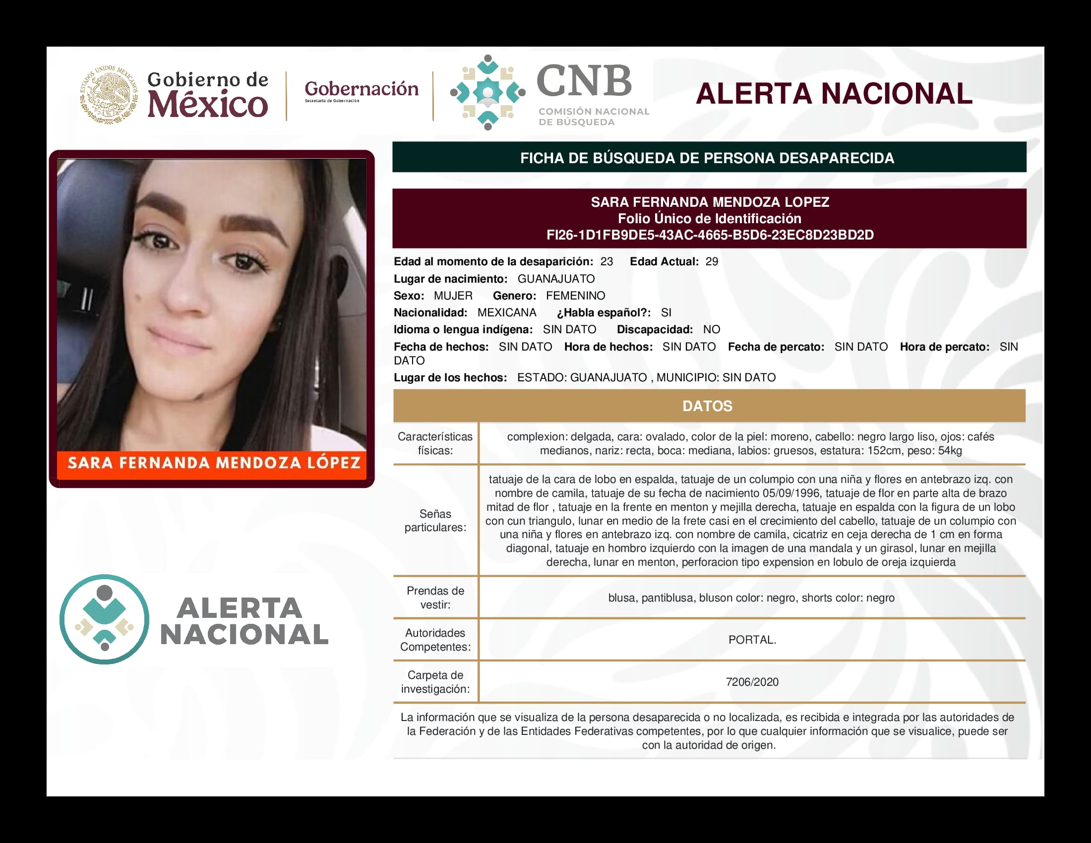 Persona desaparecida Sara Fernanda Mendoza Lopez
