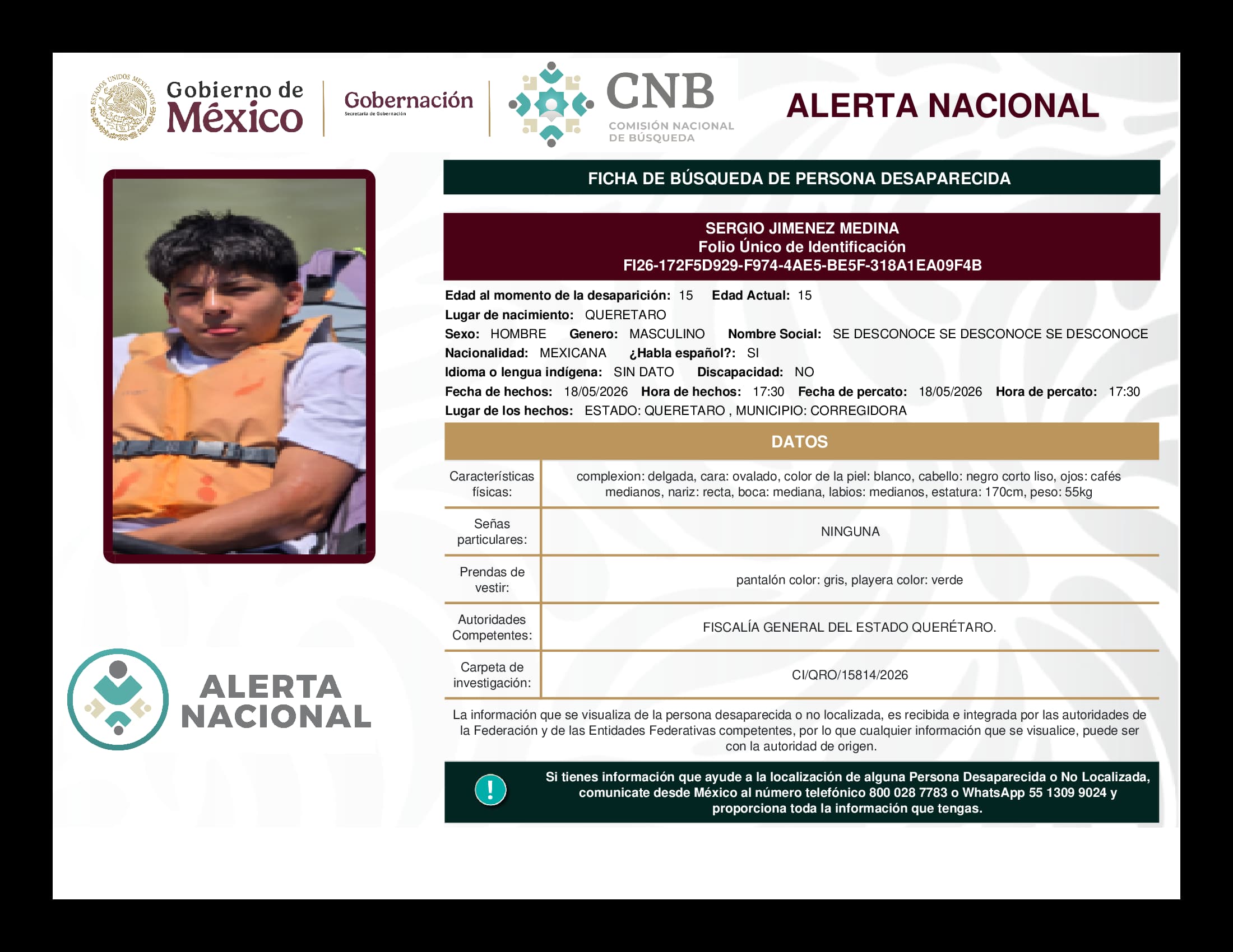 Persona desaparecida Sergio Jimenez Medina