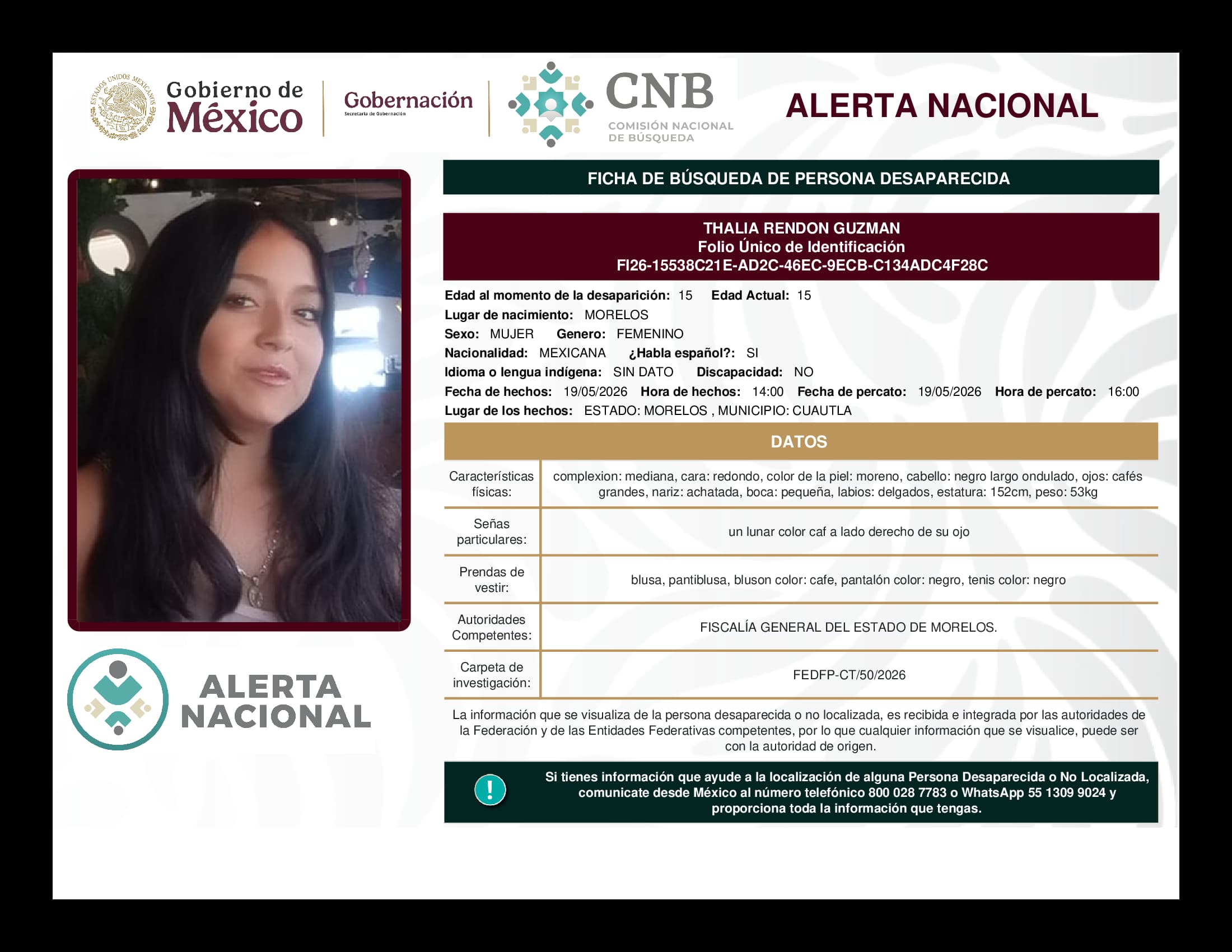 Persona desaparecida Thalia Rendon Guzman