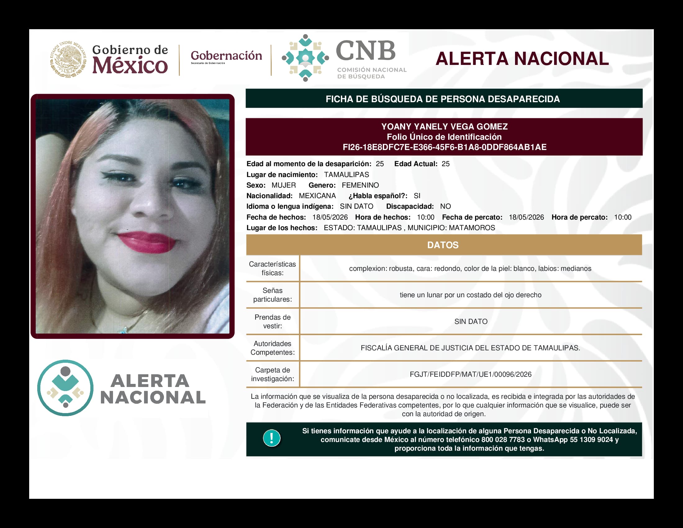 Persona desaparecida Yoany Yanely Vega Gomez