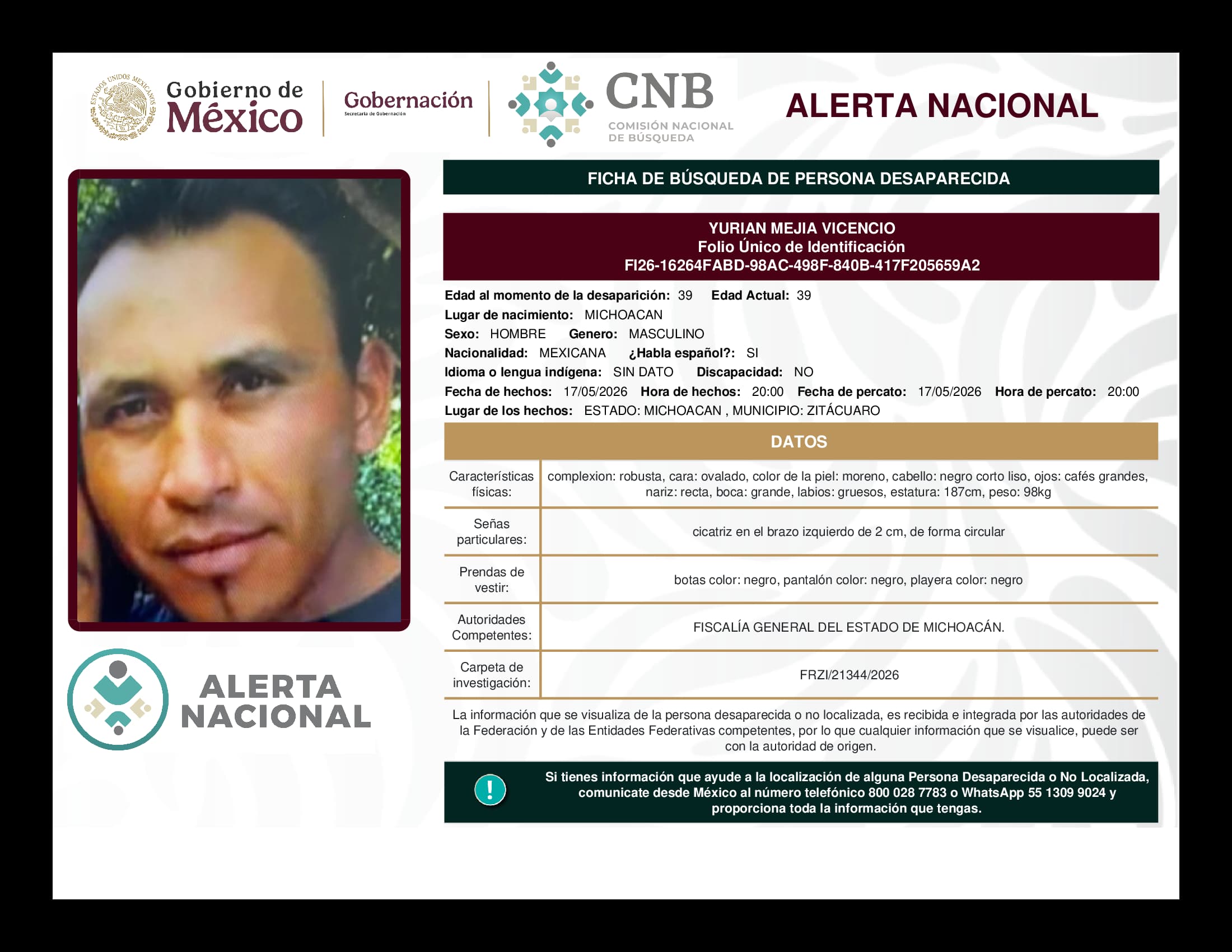 Persona desaparecida Yurian Mejia Vicencio