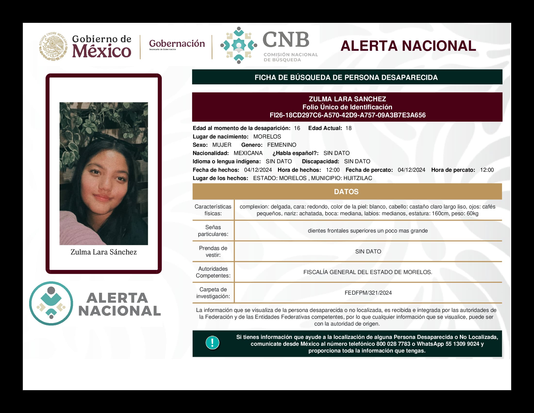 Persona desaparecida Zulma Lara Sanchez