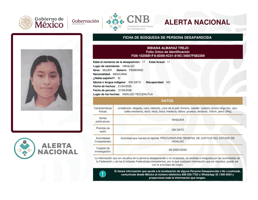 Persona desaparecida Bibiana Almaraz Trejo
