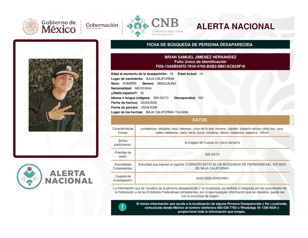 Persona desaparecida Brian Samuel Jiménez Hernández