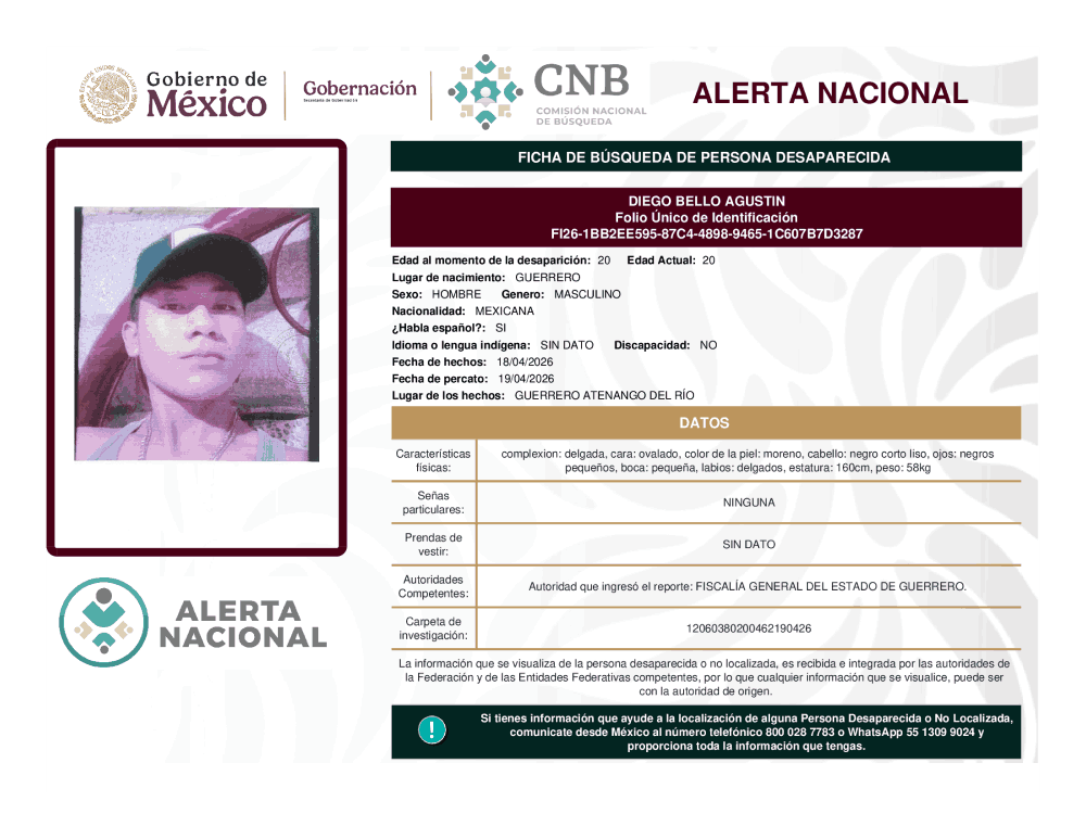 Persona desaparecida Diego Bello Agustin