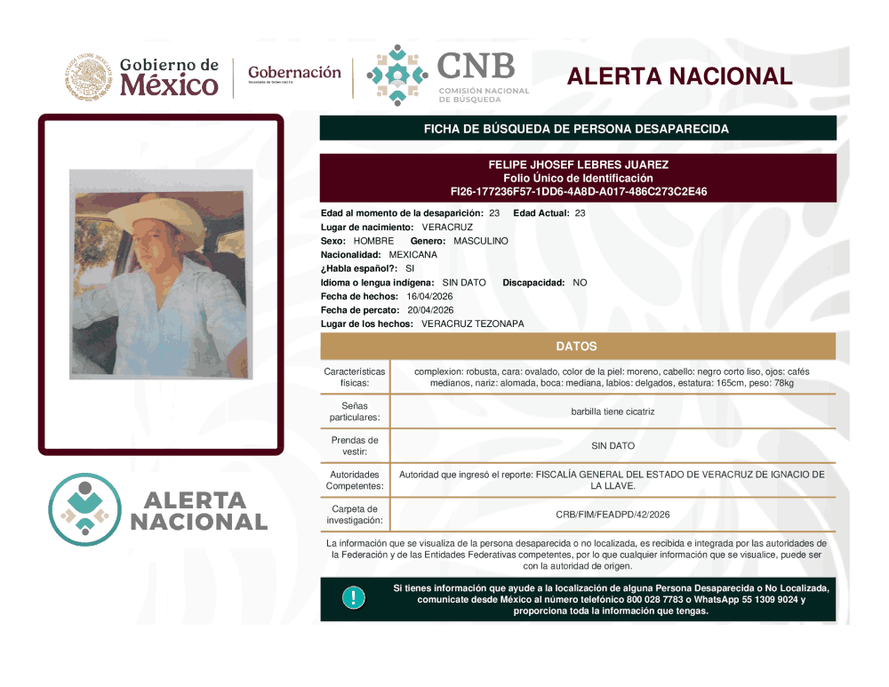 Persona desaparecida Felipe Jhosef Lebres Juárez