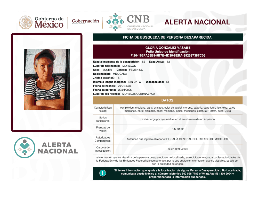 Persona desaparecida Gloria González Vasabe