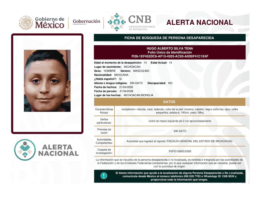 Persona desaparecida Hugo Alberto Silva Tena