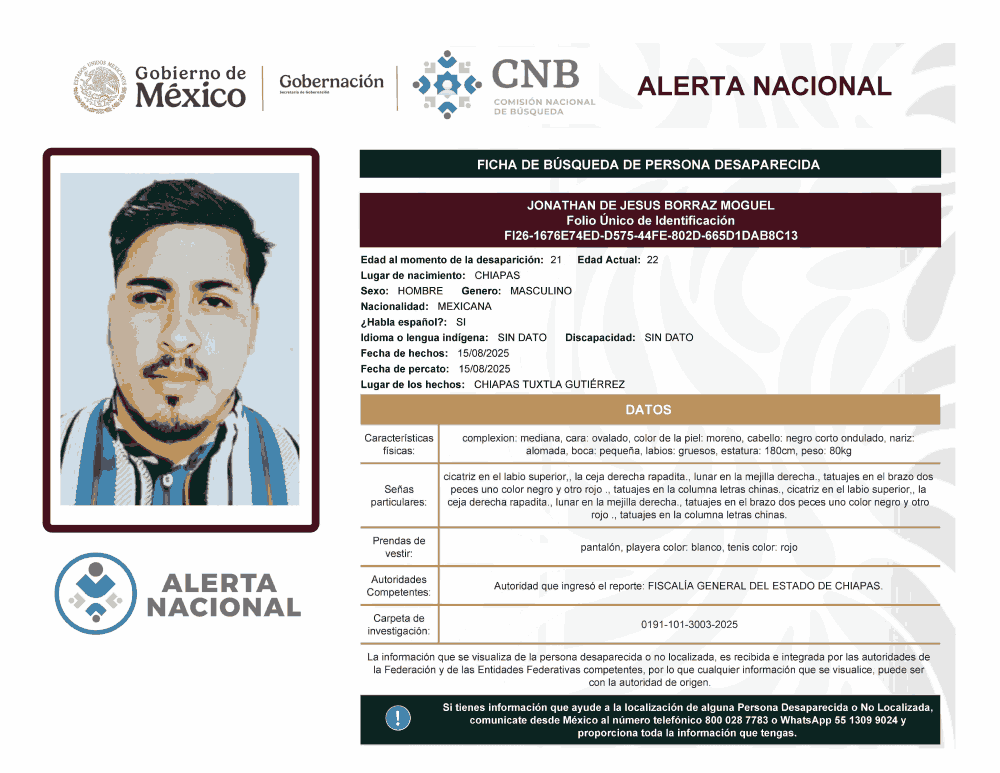 Persona desaparecida Jonathan de Jesús Borraz Moguel